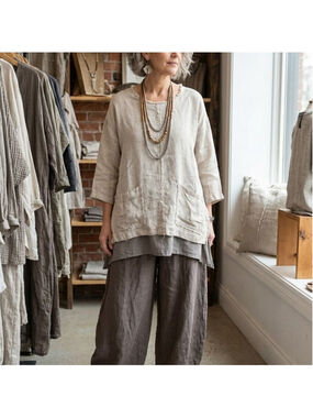 Match Point Linen Mesh Top M Lagenlook Raw Hem Tunic Beige Neutral Boho Oversize
